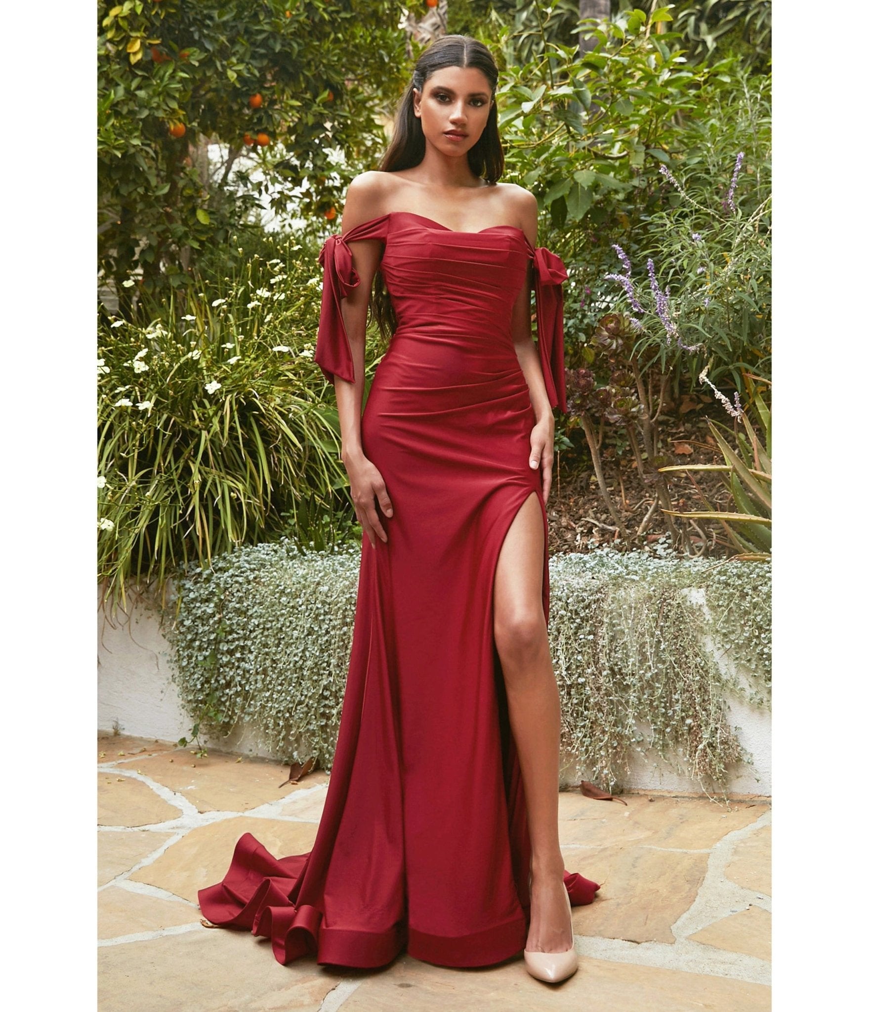 Burgundy Off The Shoulder Tie Prom Gown - Unique Vintage - Womens, DRESSES, PROM AND SPECIAL OCCASION