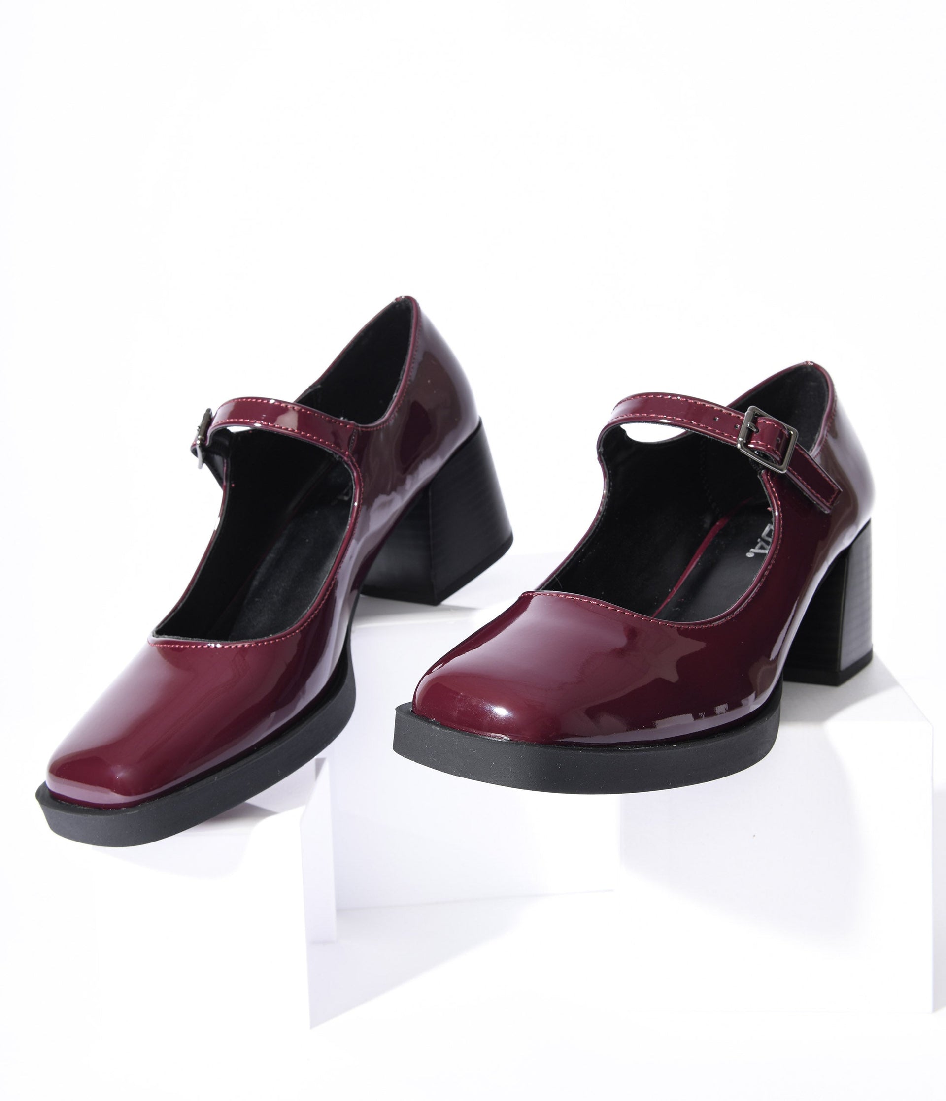 Burgundy Patent Leatherette Mary Jane Heels - Unique Vintage - Womens, SHOES, HEELS
