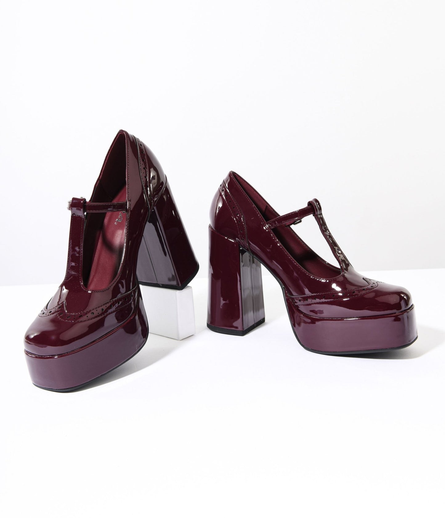 Burgundy Patent Leatherette T-Strap Platform Mary Jane Heels - Unique Vintage - Womens, SHOES, HEELS