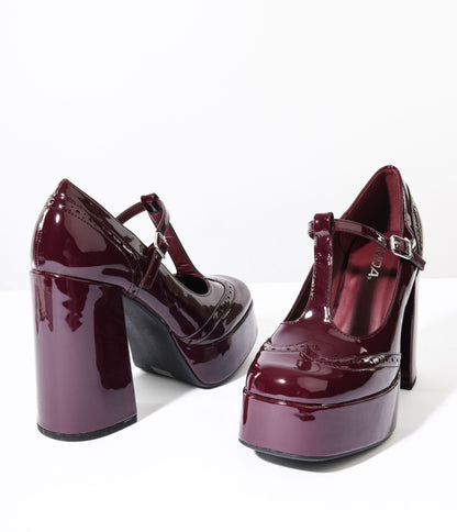 Burgundy Patent Leatherette T-Strap Platform Mary Jane Heels - Unique Vintage - Womens, SHOES, HEELS