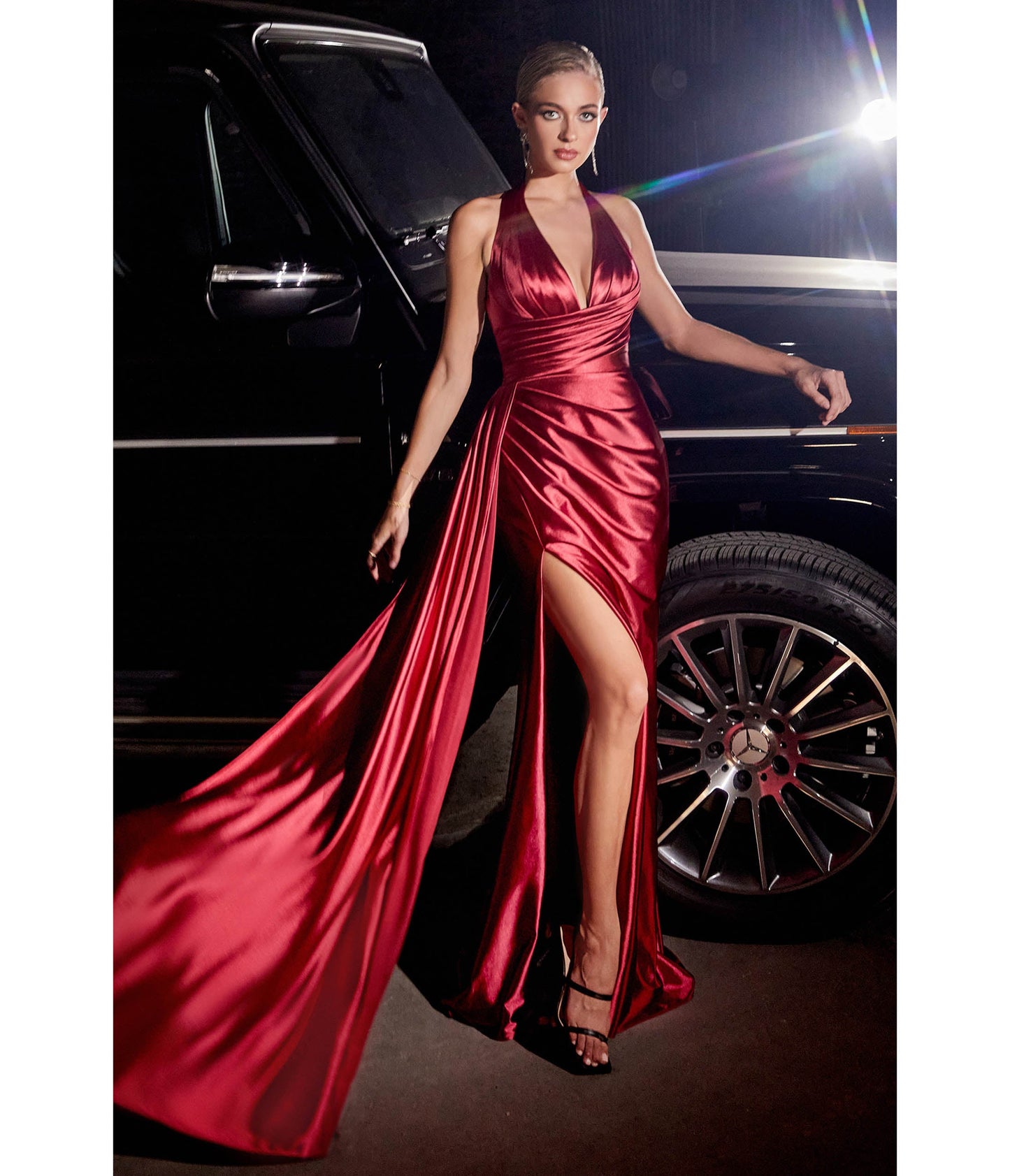 Burgundy Pleated Satin Halter Fitted Slit Dress - Unique Vintage - Womens, DRESSES, PROM AND SPECIAL OCCASION
