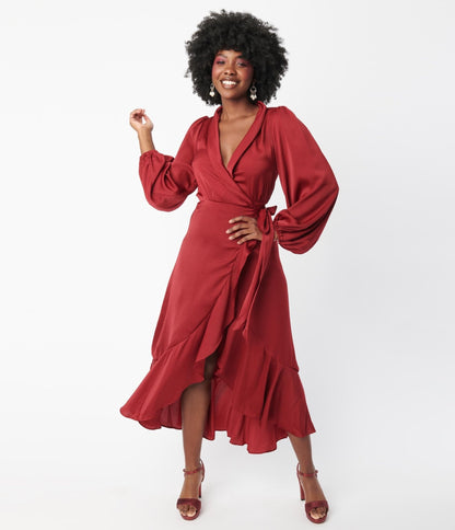 Burgundy Ruffle Midi Wrap Dress - Unique Vintage - Womens, DRESSES, MIDI