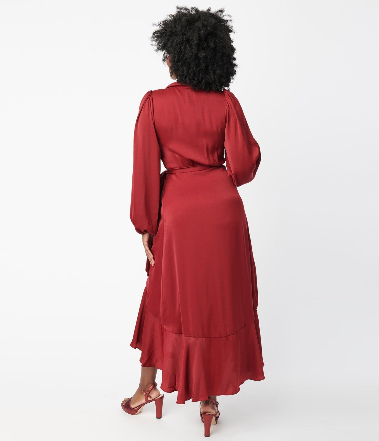 burgundy tie neck ruffle sleeves midi dress