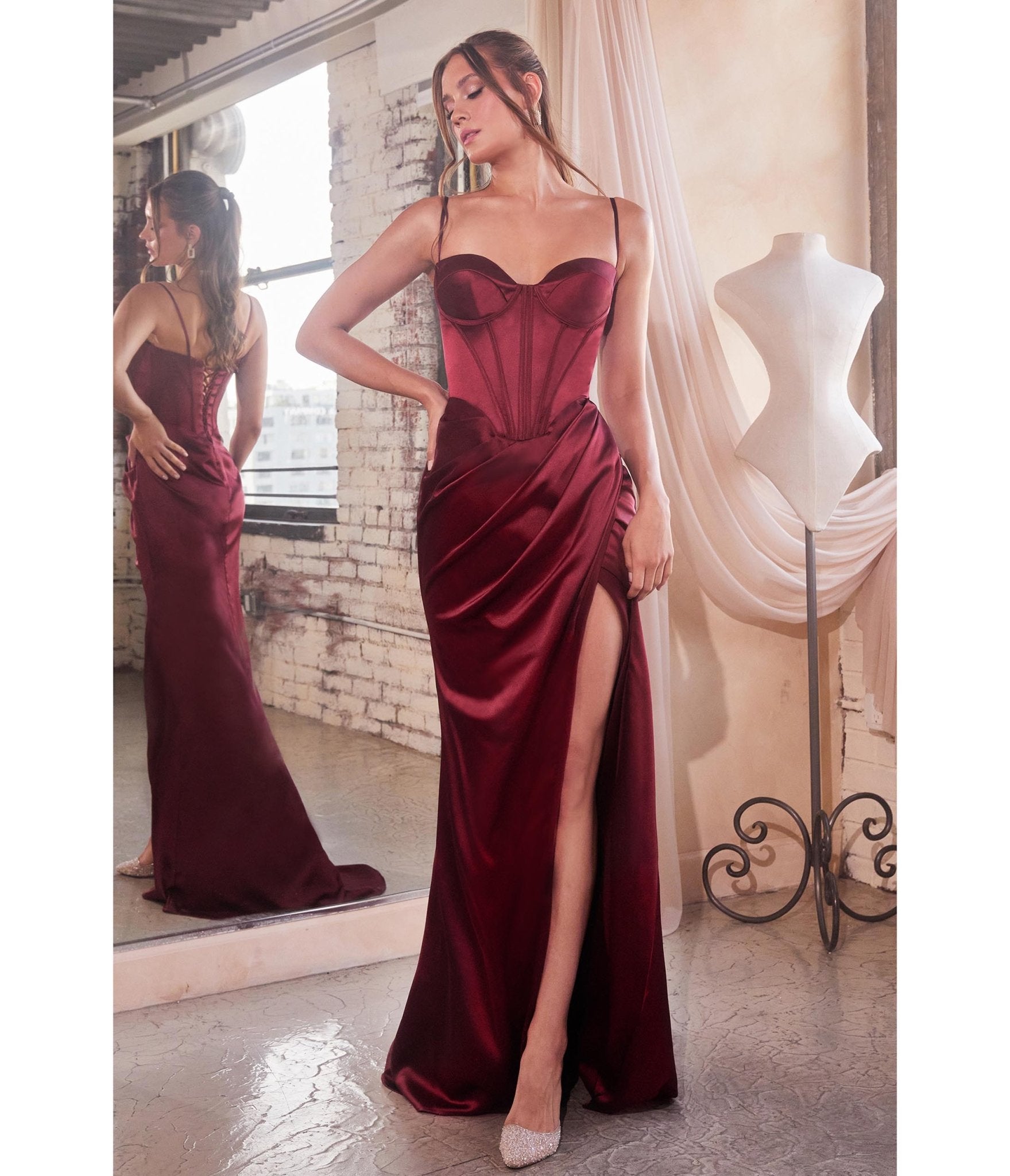 Burgundy Satin Corset Slit Evening Gown - Unique Vintage - Womens, DRESSES, PROM AND SPECIAL OCCASION