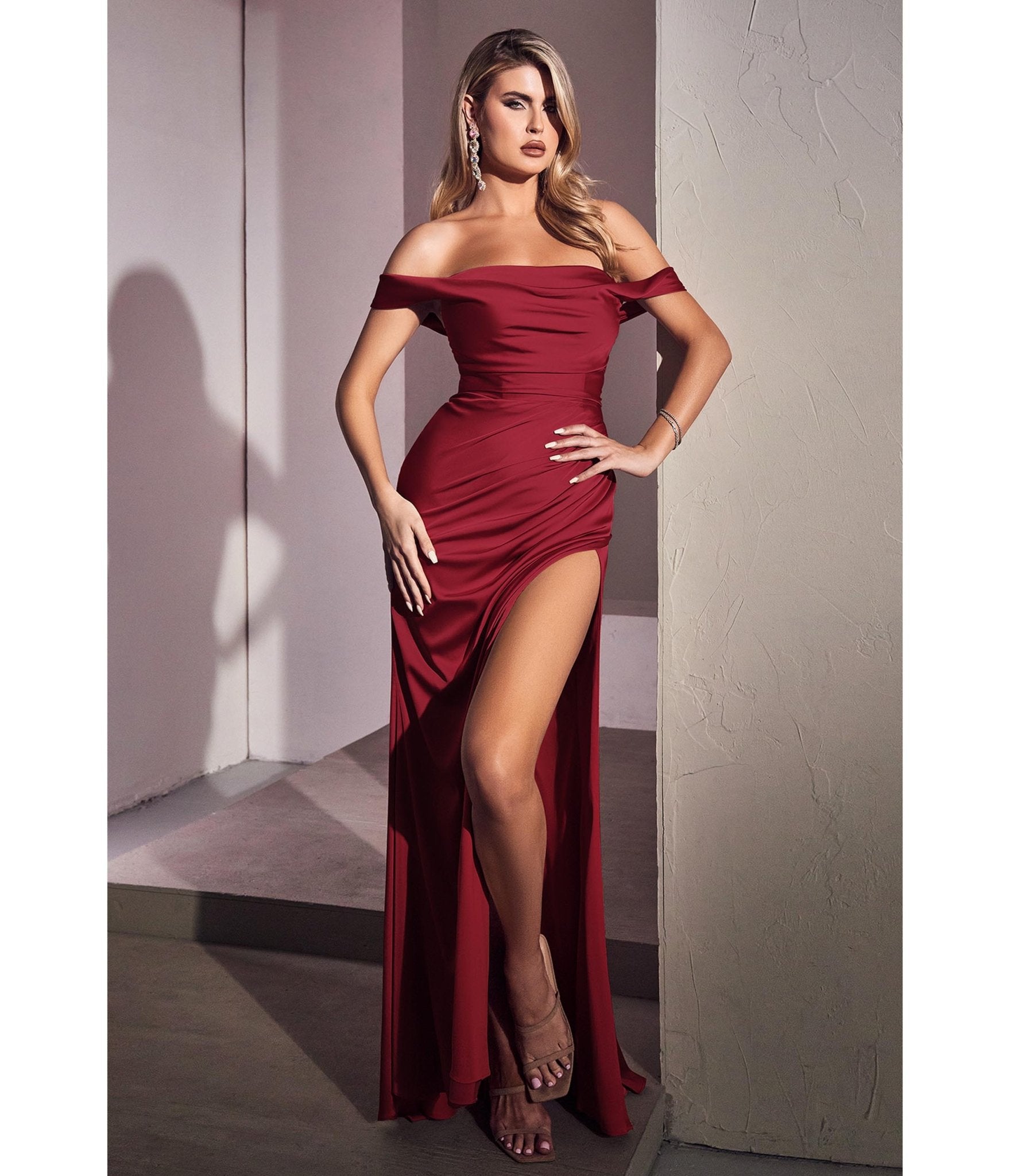 Burgundy Satin Draped Off The Shoulder Bridesmaid Dress - Unique Vintage - Womens, DRESSES, PROM AND SPECIAL OCCASION
