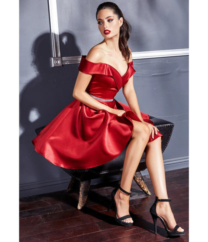 Burgundy Satin Flare Prom Dress - Unique Vintage - Womens, DRESSES, PROM AND SPECIAL OCCASION