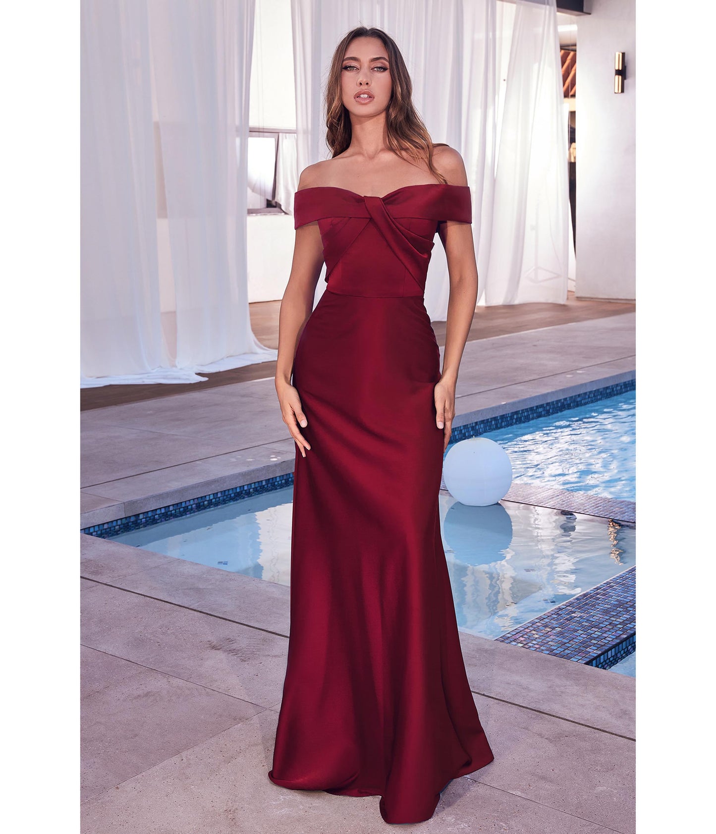 Burgundy Satin Off The Shoulder Prom Gown - Unique Vintage - Womens, DRESSES, PROM AND SPECIAL OCCASION