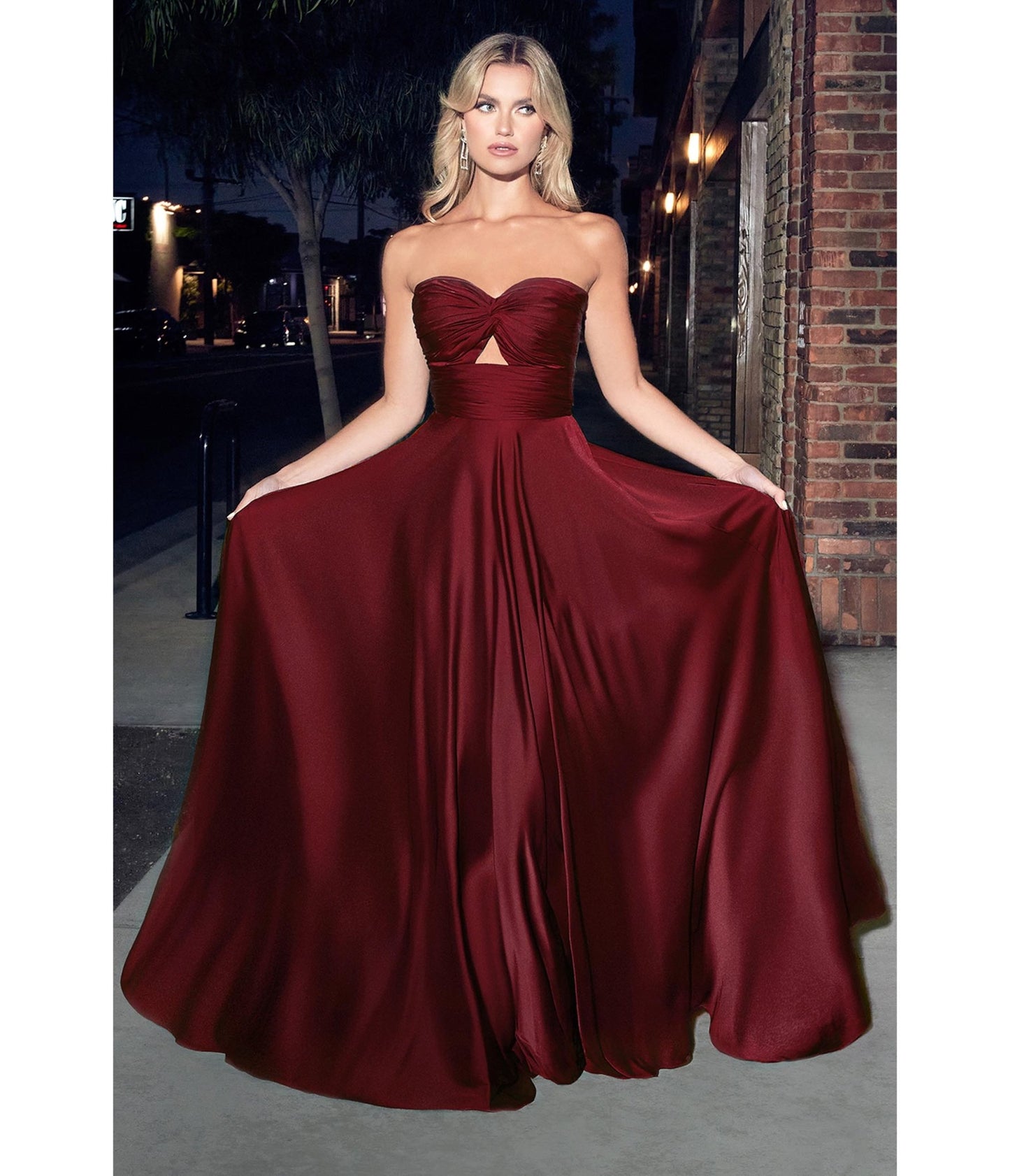 Burgundy Satin Strapless Keyhole Evening Gown - Unique Vintage - Womens, DRESSES, PROM AND SPECIAL OCCASION