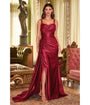 Cinderella Divine  Burgundy Sequin Applique & Ruched Satin Evening Gown