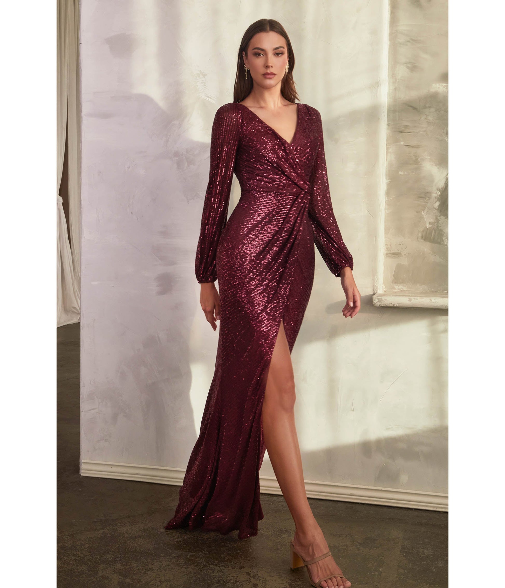 Burgundy Sequin Long Sleeve Slit Evening Gown - Unique Vintage - Womens, DRESSES, PROM AND SPECIAL OCCASION
