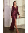 Cinderella Divine  Burgundy Sequin Long Sleeve Slit Evening Gown