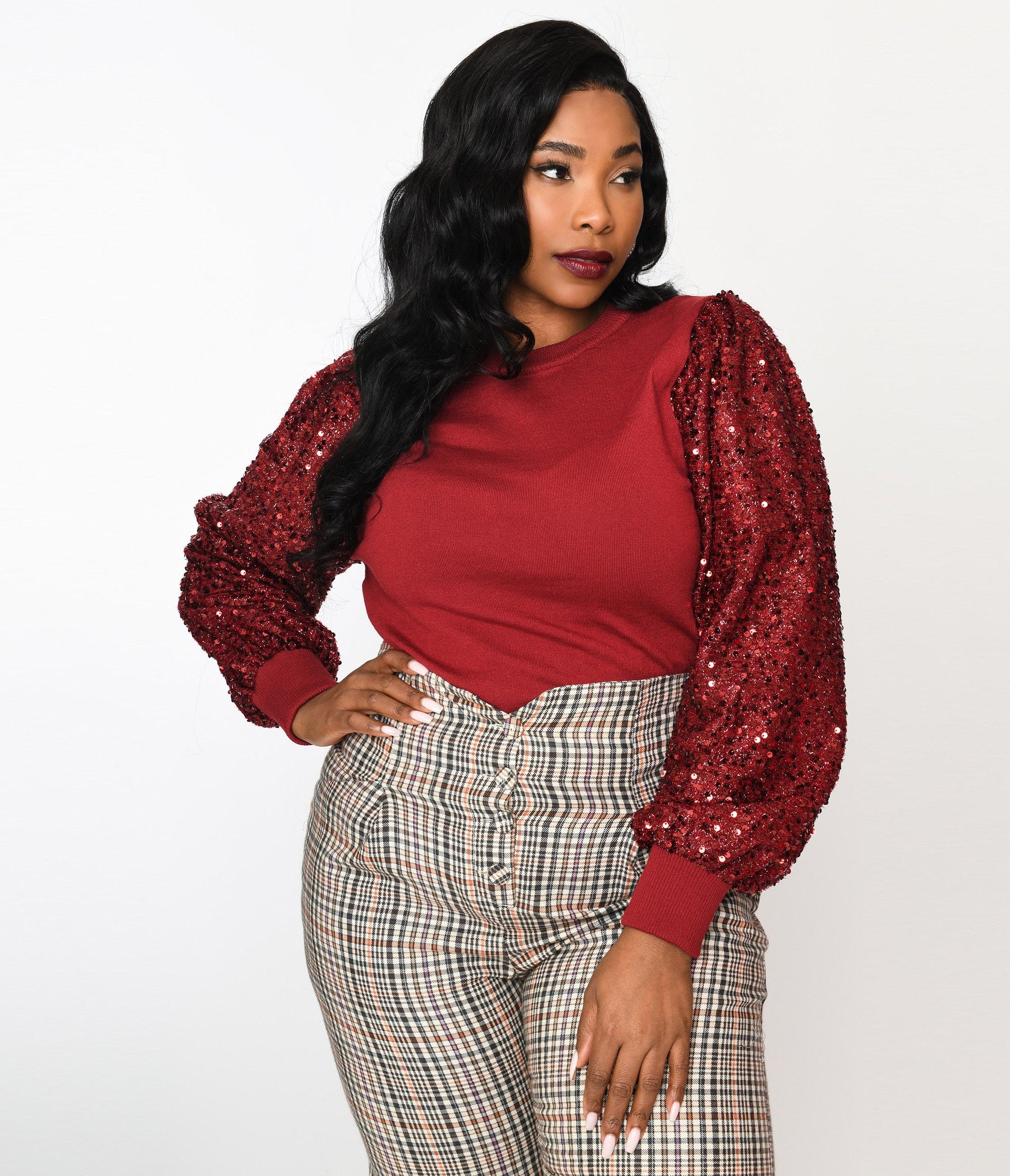 Burgundy Sequin Sleeved Knit Top - Unique Vintage - Womens, TOPS, KNIT TOPS
