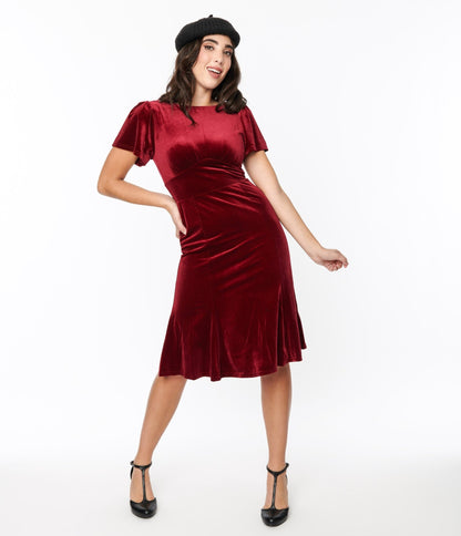 Burgundy Velvet Midi Shift Dress - Unique Vintage - Womens, DRESSES, SHIFTS