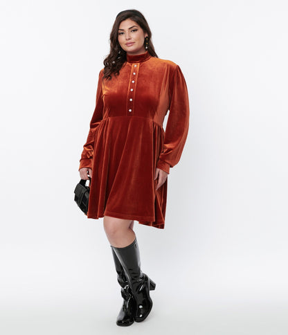 Burnt Orange Velvet Myers Fit & Flare Dress - Unique Vintage - Womens, HALLOWEEN, DRESSES