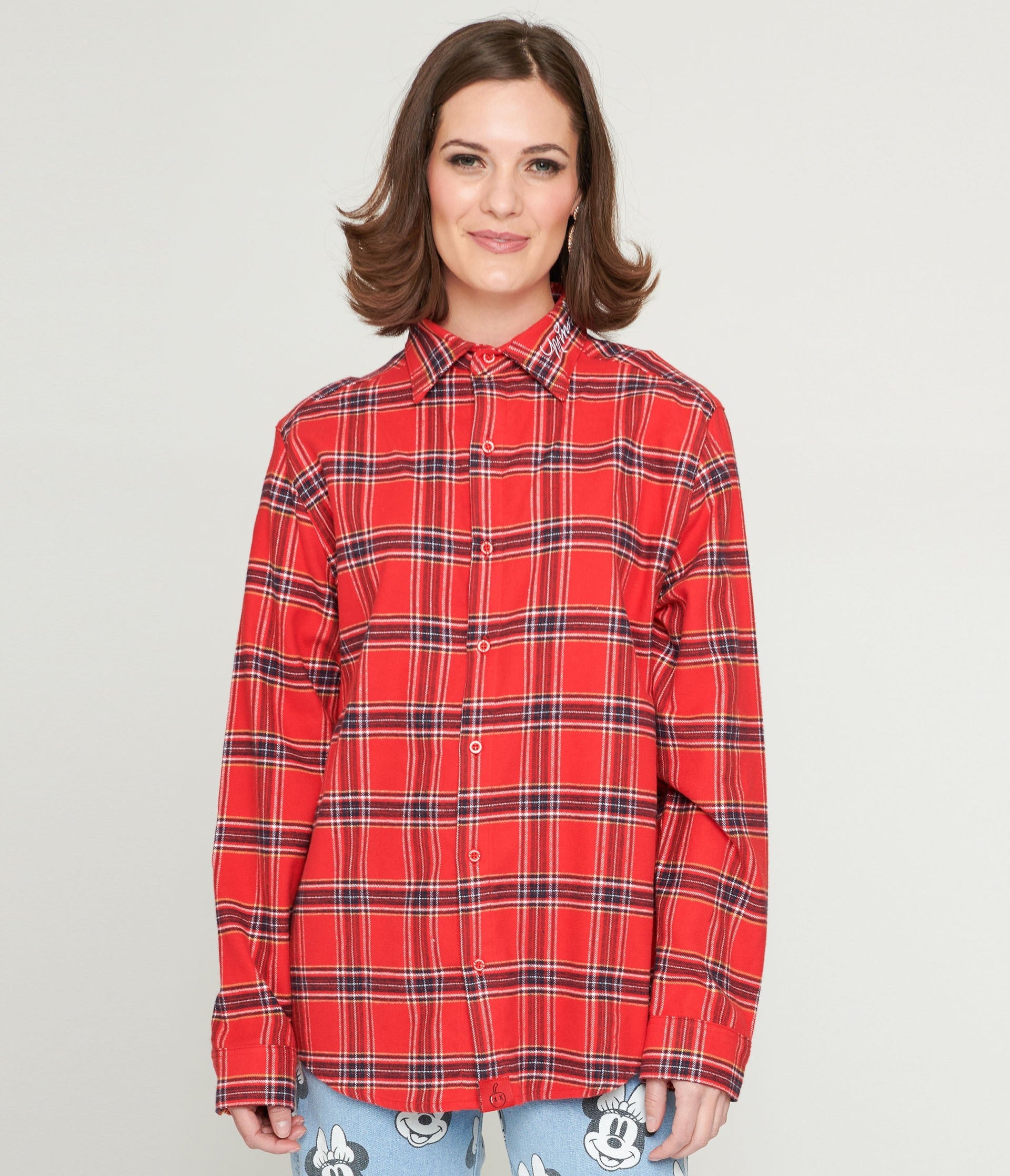 Cakeworthy Minnie Mouse Bow Red Plaid Unisex Flannel - Unique Vintage - Womens, TOPS, WOVEN TOPS