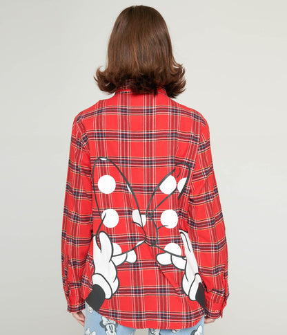 Cakeworthy Minnie Mouse Bow Red Plaid Unisex Flannel - Unique Vintage - Womens, TOPS, WOVEN TOPS
