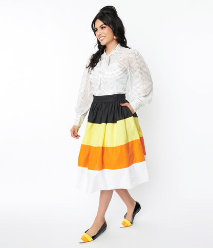 Candy Corn Stripe Swing Skirt - Unique Vintage - Womens, HALLOWEEN, BOTTOMS