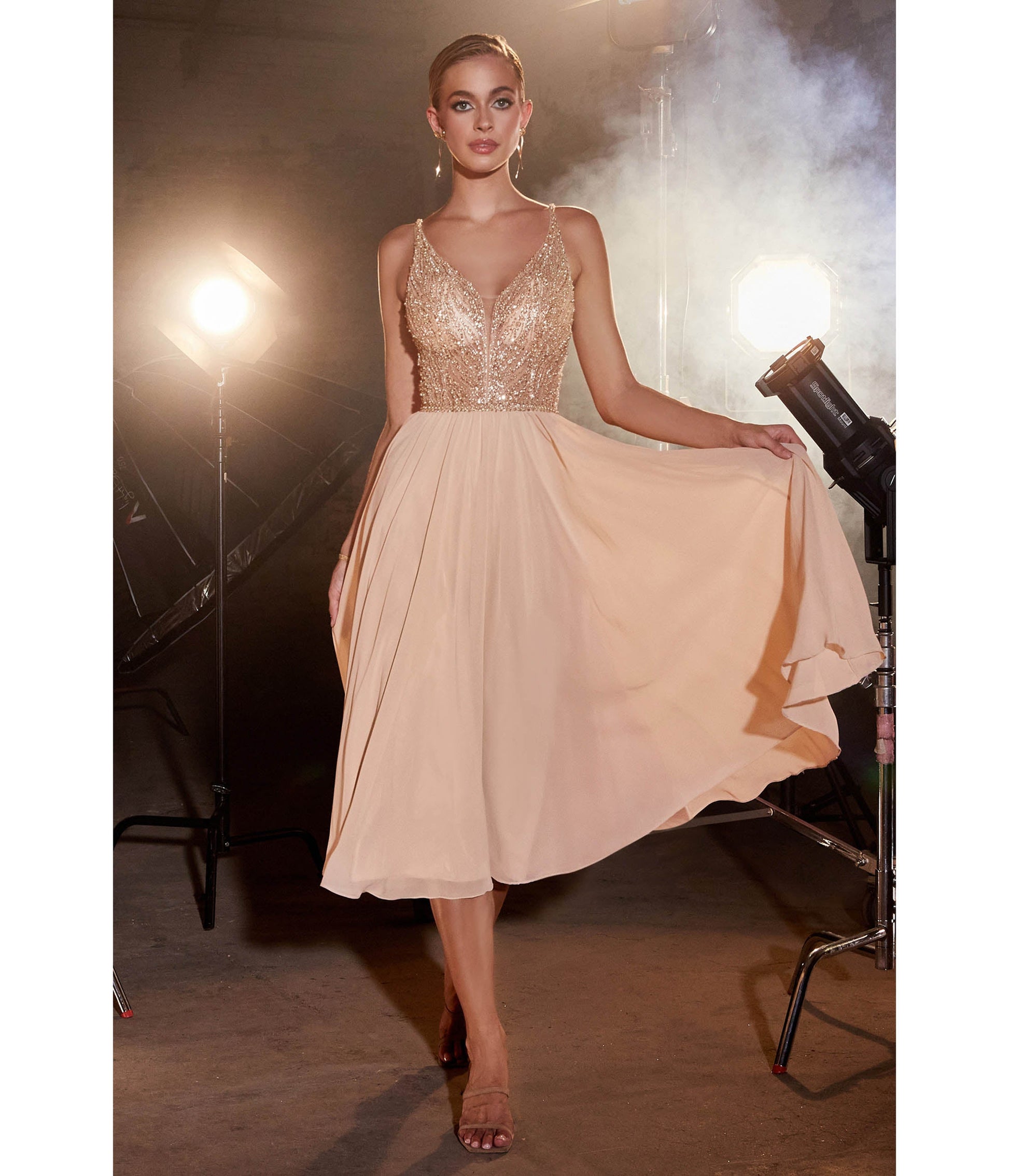 Champagne Beaded Chiffon Tea Length Dress - Unique Vintage - Womens, DRESSES, PROM AND SPECIAL OCCASION