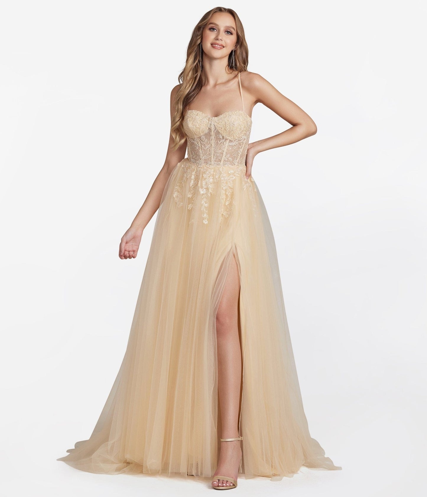 Champagne Corset Tulle Prom Ball Gown - Unique Vintage - Womens, DRESSES, PROM AND SPECIAL OCCASION