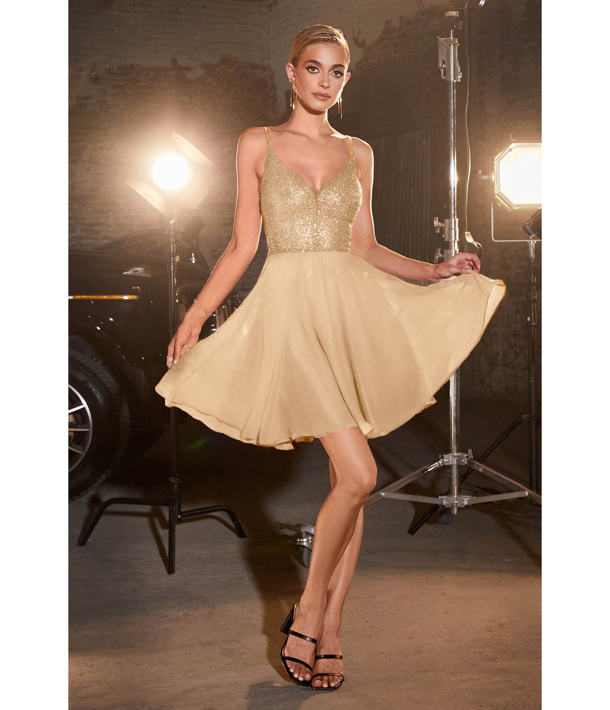 Champagne Glitter Chiffon Cocktail Dress - Unique Vintage - Womens, DRESSES, PROM AND SPECIAL OCCASION