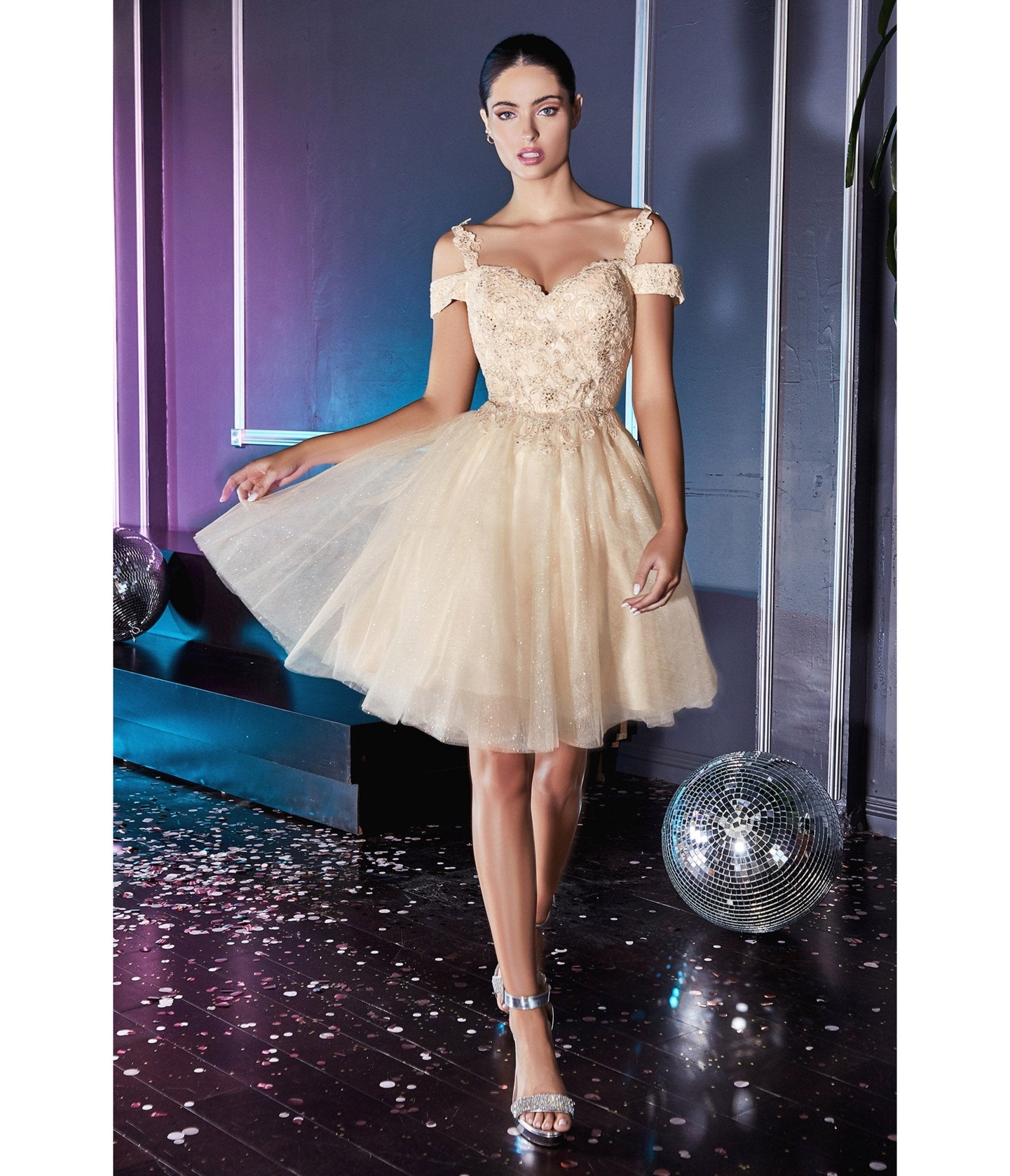 Champagne Glitter Tulle Cold Shoulder Homecoming Dress - Unique Vintage - Womens, DRESSES, PROM AND SPECIAL OCCASION