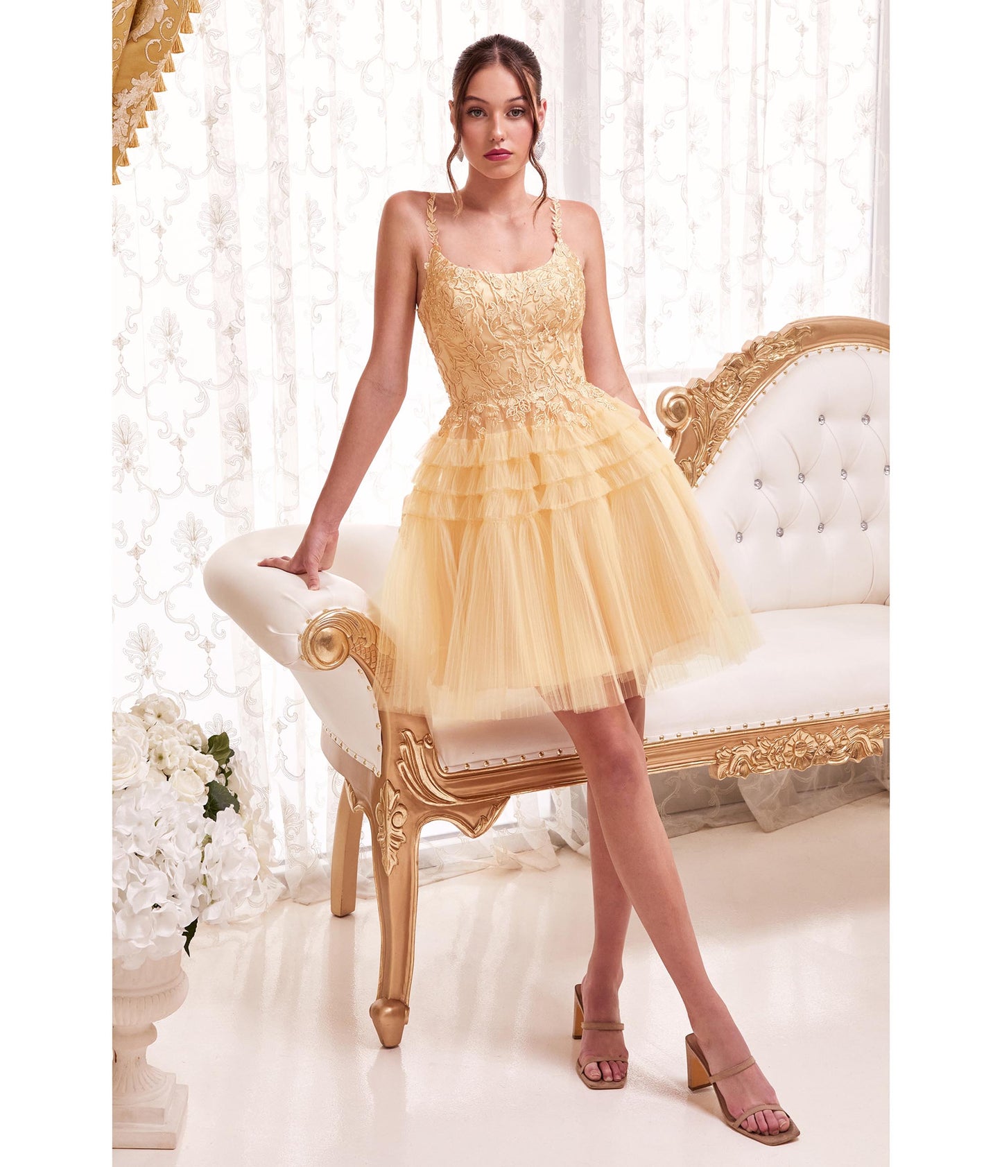 Champagne Gold Floral Applique & Tiered Tulle Cocktail Dress - Unique Vintage - Womens, DRESSES, PROM AND SPECIAL OCCASION