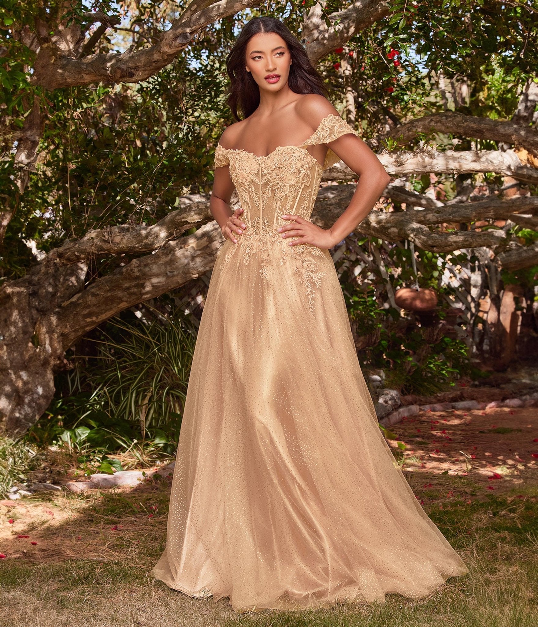 Champagne Gold Glitter Lace & Tulle Embellished Off The Shoulder Prom Gown - Unique Vintage - Womens, DRESSES, PROM AND SPECIAL OCCASION