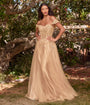 Cinderella Divine  Champagne Gold Glitter Lace & Tulle Embellished Off The Shoulder Prom Gown