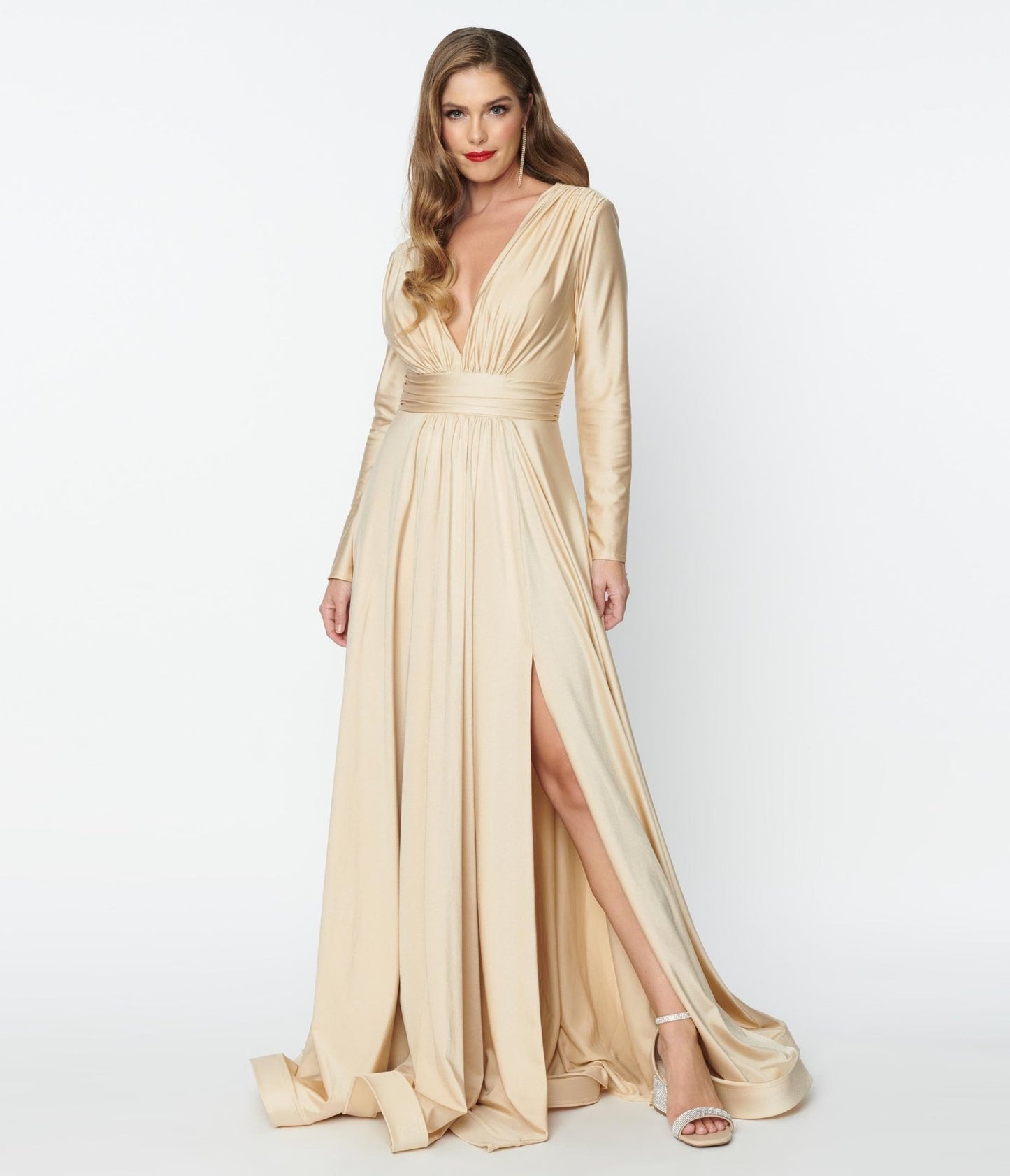 Champagne Long Sleeve Sophisticated Goddess Gown - Unique Vintage - Womens, DRESSES, PROM AND SPECIAL OCCASION