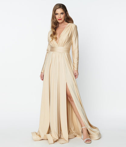 Champagne Long Sleeve Sophisticated Goddess Gown - Unique Vintage - Womens, DRESSES, PROM AND SPECIAL OCCASION