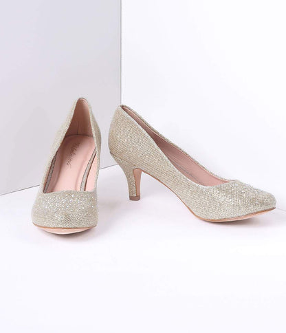 Champagne Metallic Rhinestone Doris Kitten Heels - Unique Vintage - Womens, SHOES, HEELS