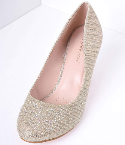 Champagne Metallic Rhinestone Doris Kitten Heels - Unique Vintage - Womens, SHOES, HEELS