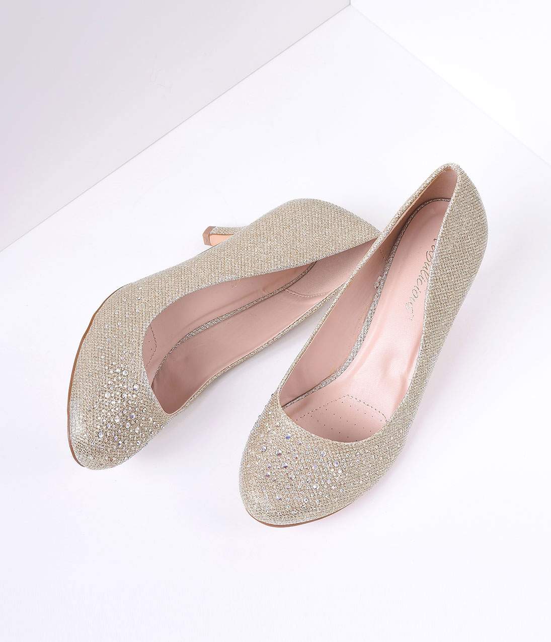 Champagne Metallic Rhinestone Doris Kitten Heels - Unique Vintage - Womens, SHOES, HEELS