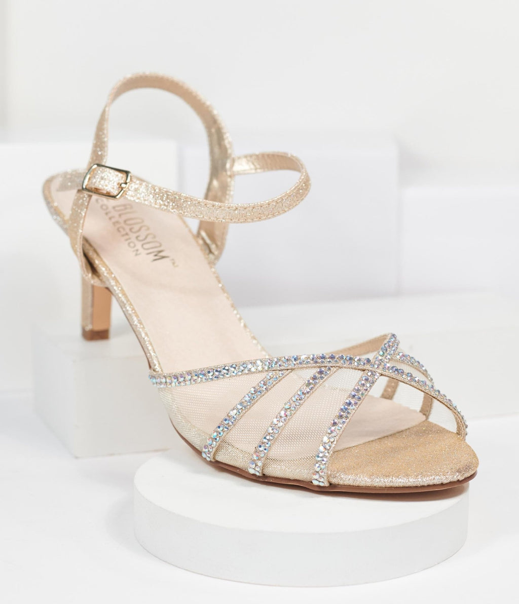 Champagne Metallic Rhinestone Kitty Heels - Unique Vintage - Heels