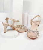 Champagne Metallic Rhinestone Kitty Heels - Unique Vintage - Heels