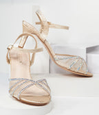 Champagne Metallic Rhinestone Kitty Heels - Unique Vintage - Heels