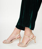 Champagne Metallic Rhinestone Kitty Heels - Unique Vintage - Heels