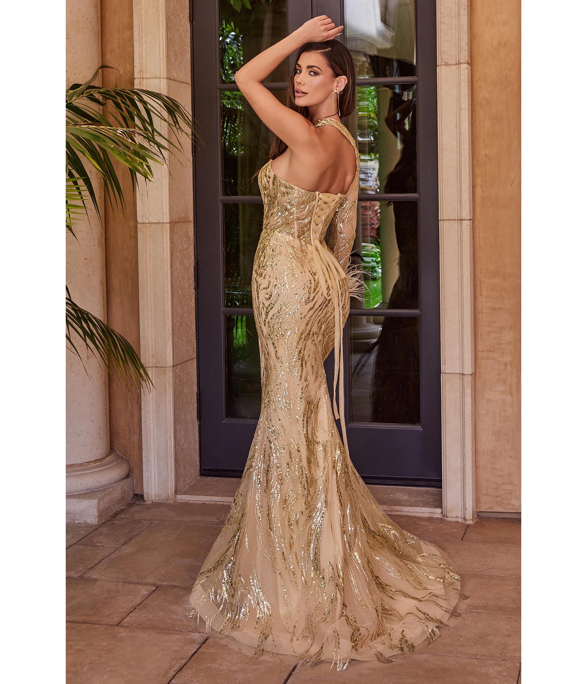 Champagne Shimmer One Shoulder Feather Prom Gown - Unique Vintage - Womens, DRESSES, PROM AND SPECIAL OCCASION