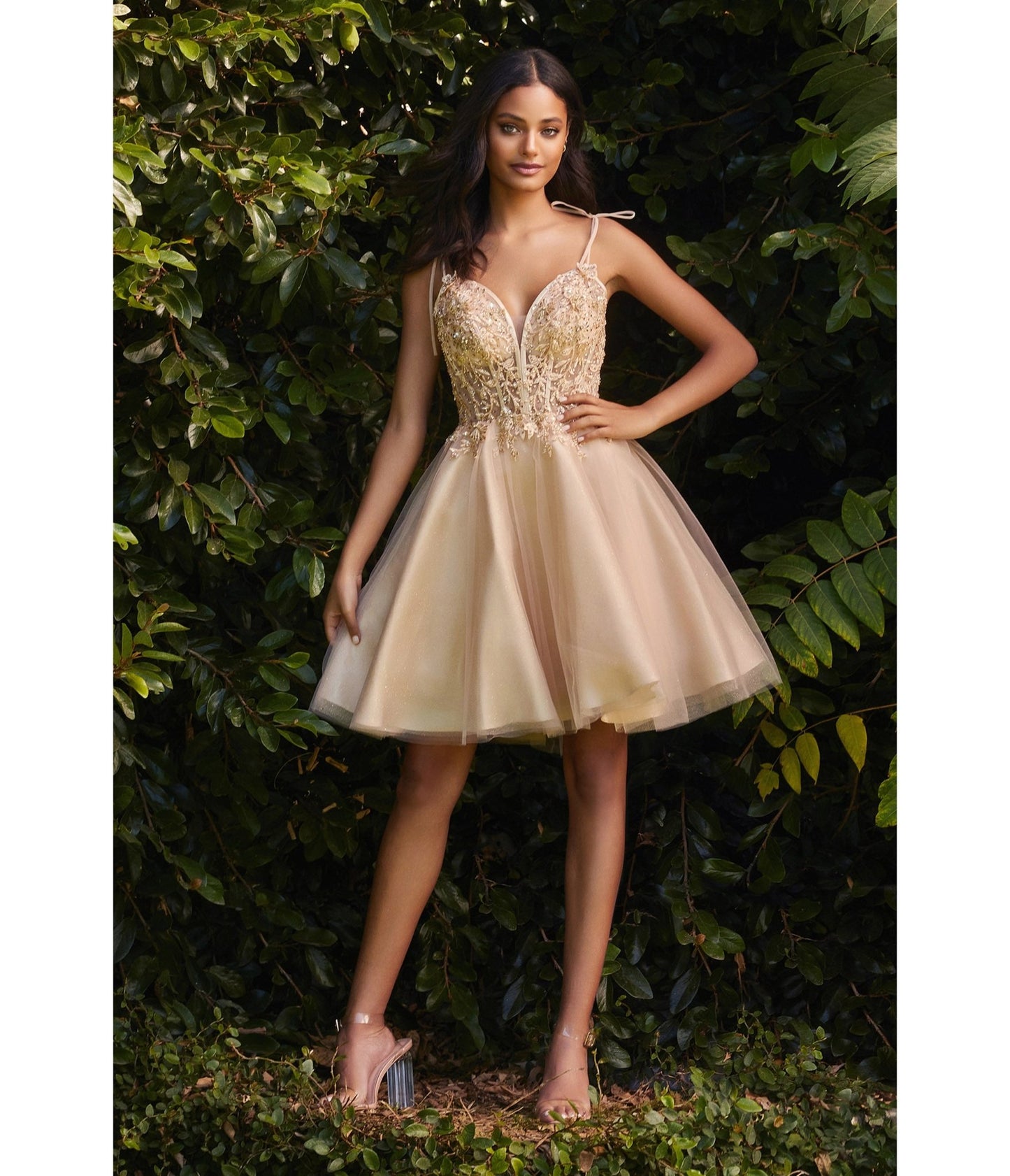 Champagne Tulle & Corset Applique Mini Prom Dress - Unique Vintage - Womens, DRESSES, PROM AND SPECIAL OCCASION