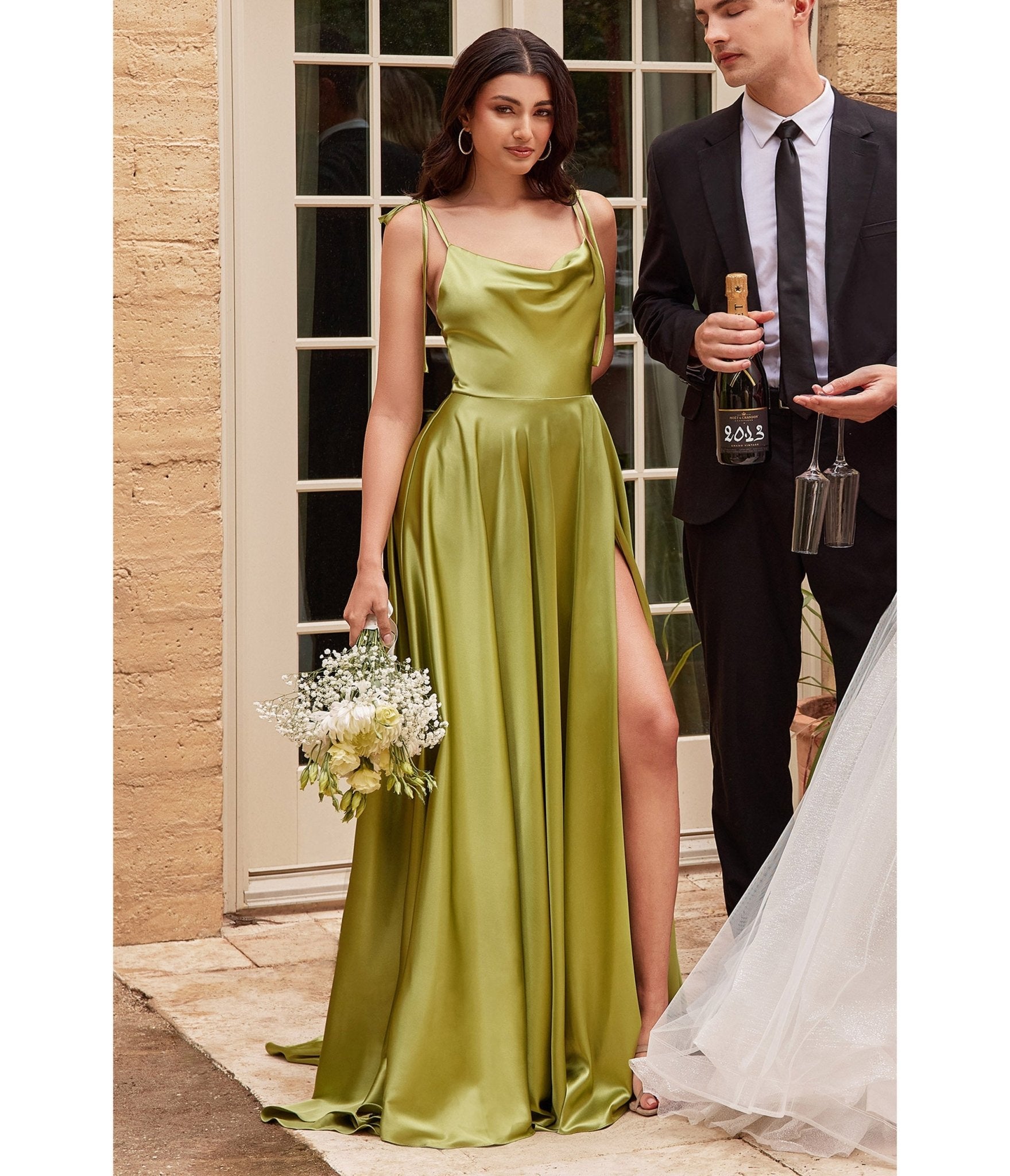 Chartreuse Liquid Satin Prom Gown - Unique Vintage - Womens, DRESSES, PROM AND SPECIAL OCCASION
