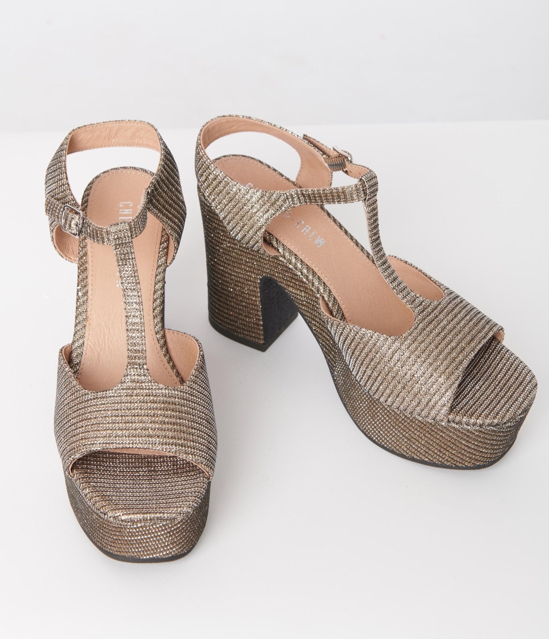 Chelsea Crew 1920s Bronze Shimmer Peep Toe Platform T - Straps - Unique Vintage - T - Staps