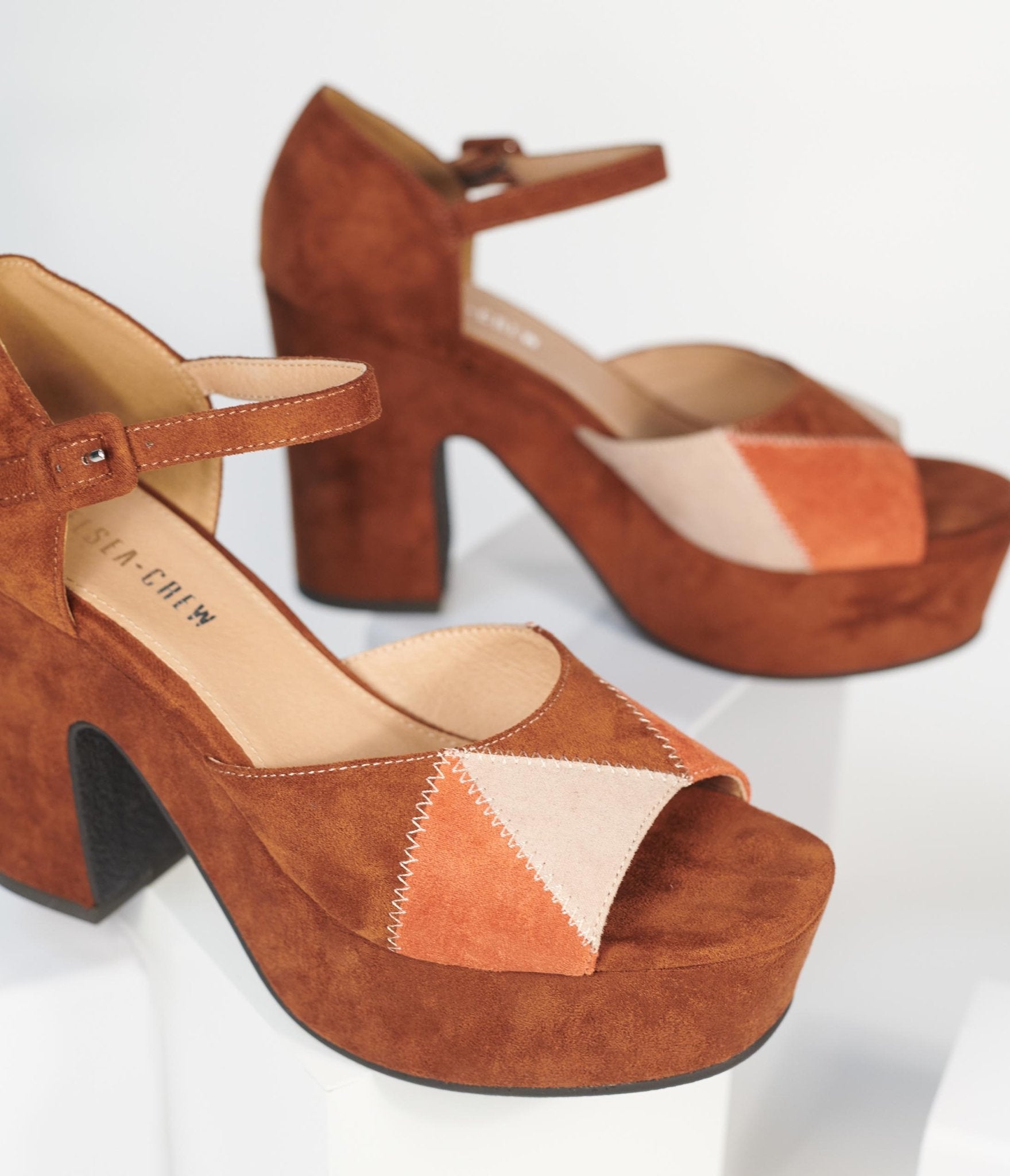 Chelsea Crew Brown Suede Quilted Peep Toe Platform Heels - Unique Vintage - Womens, SHOES, HEELS