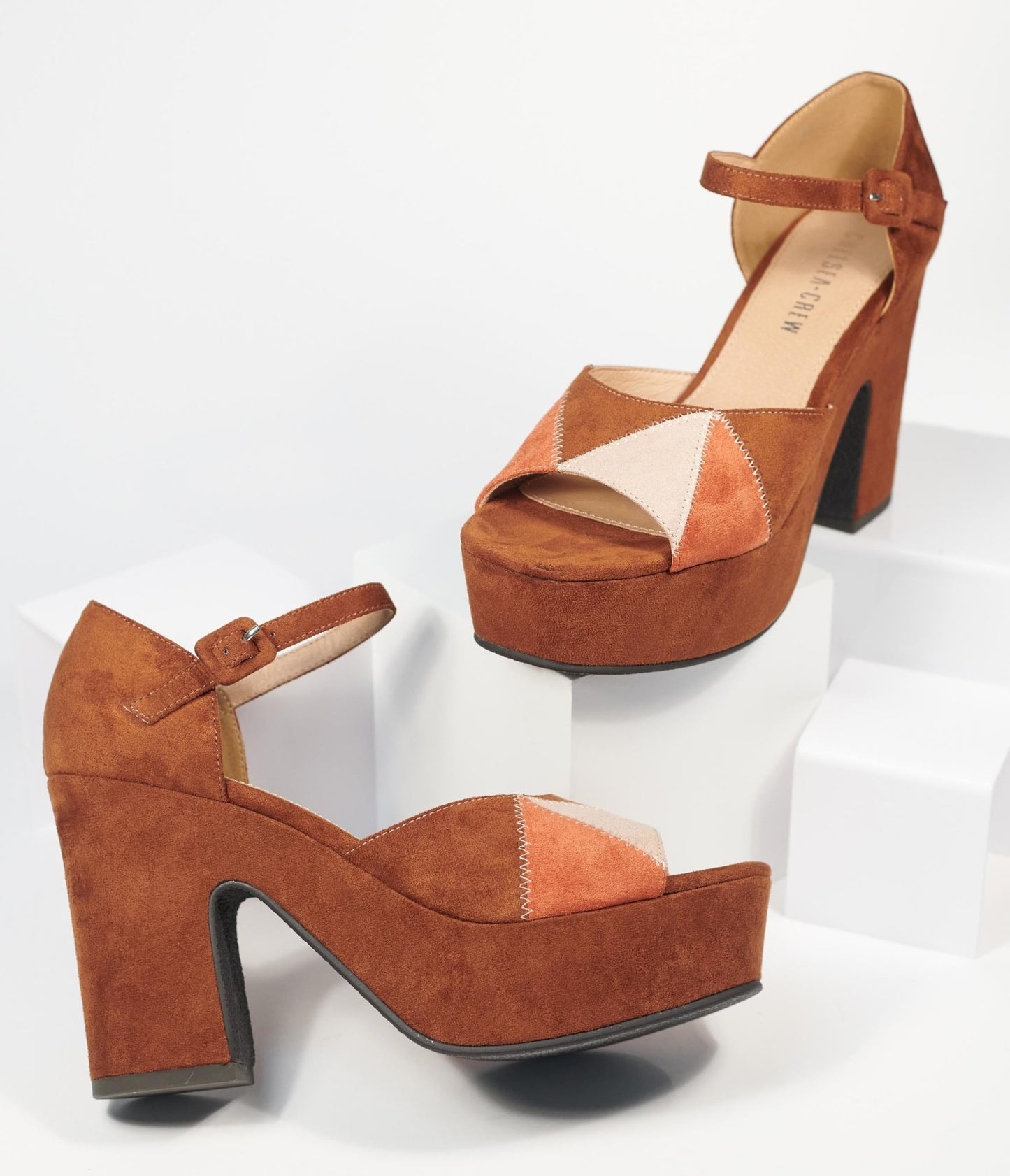 Chelsea Crew Brown Suede Quilted Peep Toe Platform Heels - Unique Vintage - Womens, SHOES, HEELS
