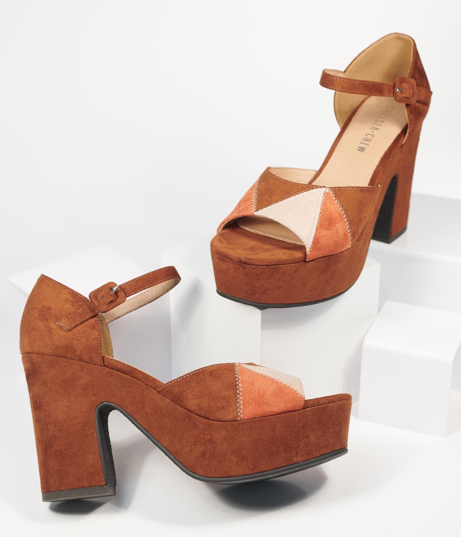 Chelsea Crew Brown Suede Quilted Peep Toe Platform Heels - Unique Vintage - Womens, SHOES, HEELS