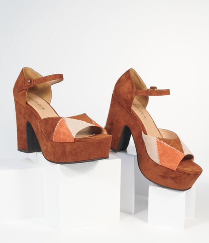 Chelsea Crew Brown Suede Quilted Peep Toe Platform Heels - Unique Vintage - Womens, SHOES, HEELS