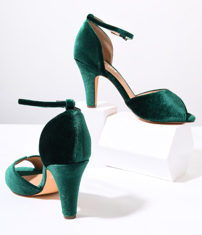 Chelsea Crew Green Velvet Lola Pumps - Unique Vintage - Womens, SHOES, HEELS