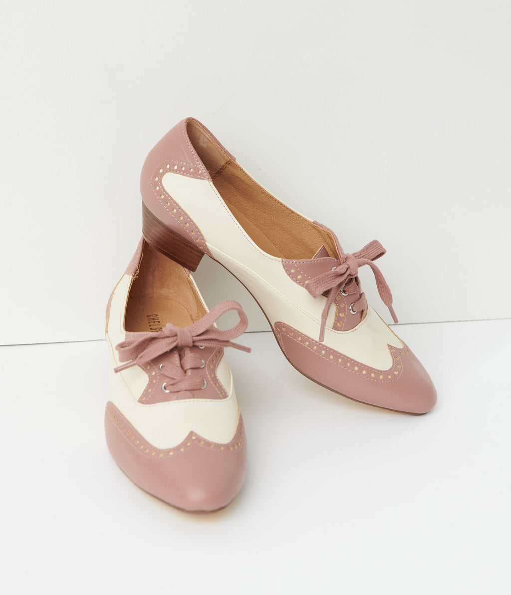 Chelsea Crew Mauve & Cream Saddle Shoe Heels - Unique Vintage - Womens, SHOES, HEELS
