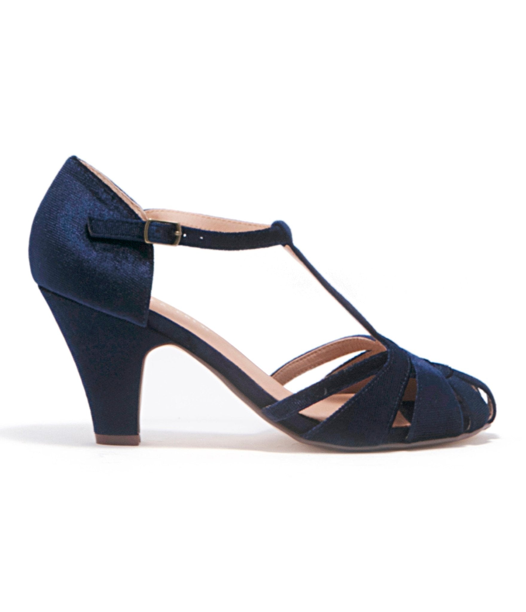 Chelsea Crew 1920s Navy Velvet T-Strap Sergi Heels â Unique Vintage