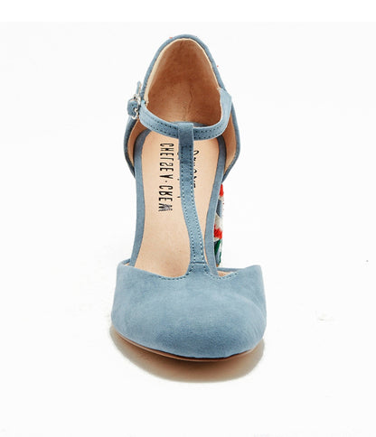 Chelsea Crew Sky Blue T-Strap Embroidered Frenchie Heels - Unique Vintage - Womens, SHOES, HEELS