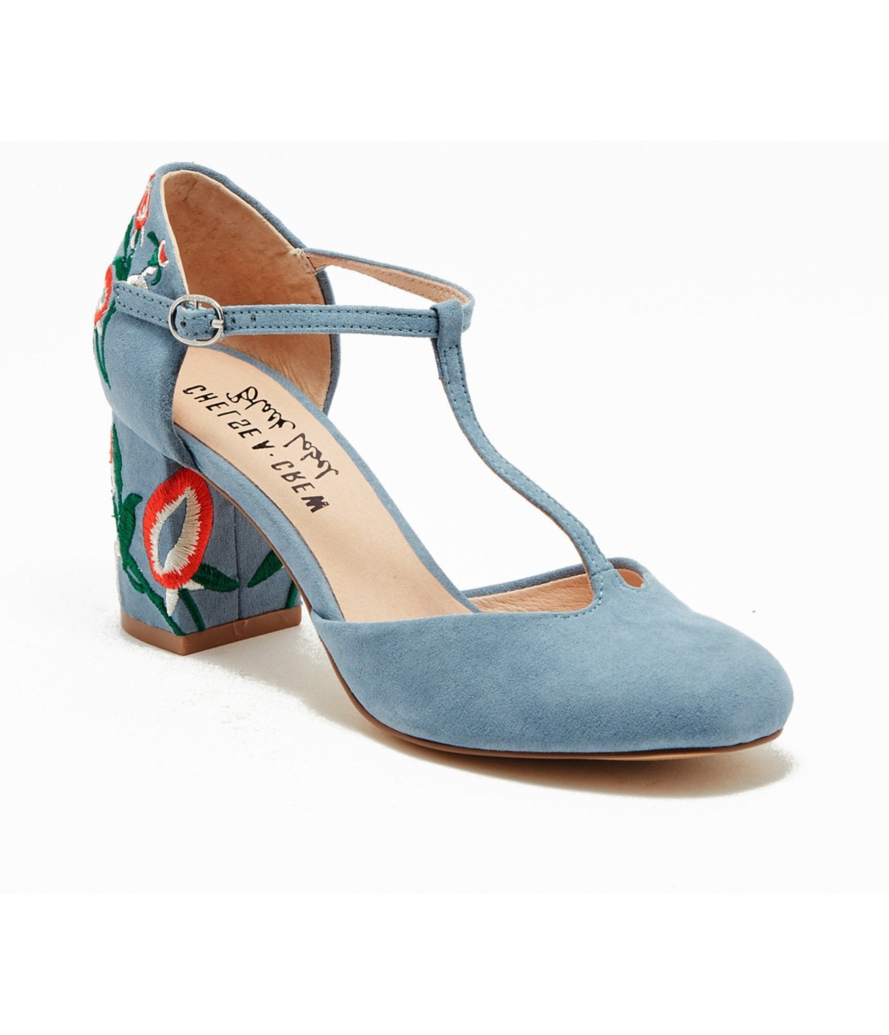 Chelsea Crew Sky Blue T-Strap Embroidered Frenchie Heels - Unique Vintage - Womens, SHOES, HEELS
